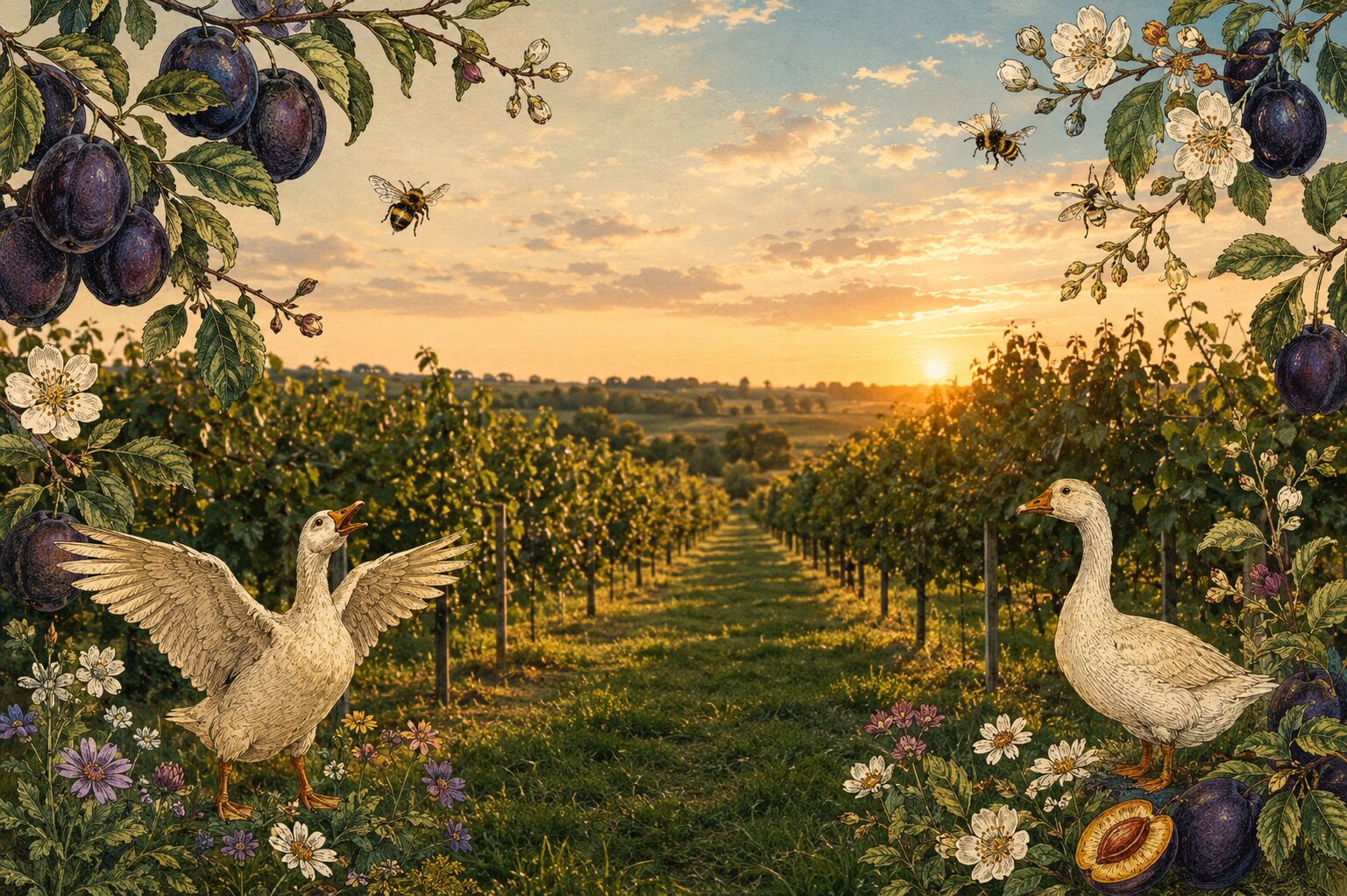 Livada Pruny la apus, cu pruni certificați ecologic